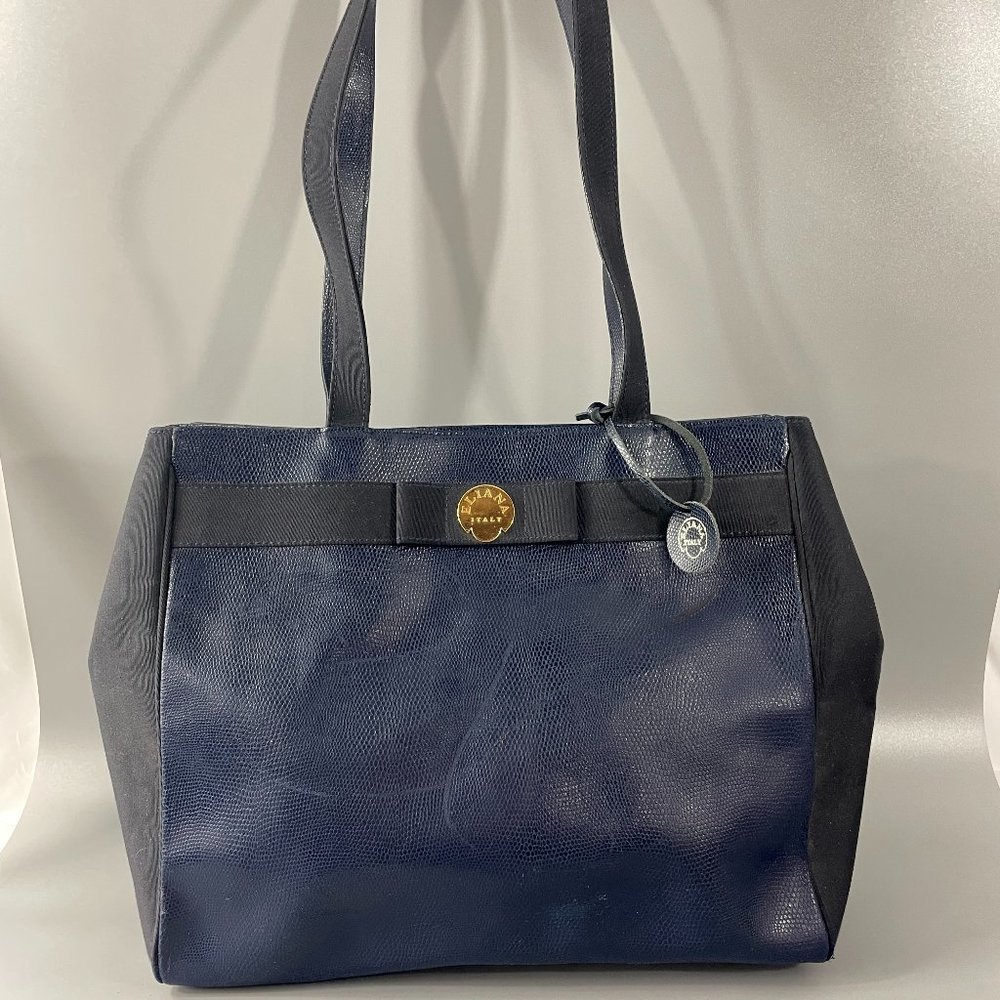 Exquisite Eliana Italy Blue Leather with Black Canvas Tote Bag